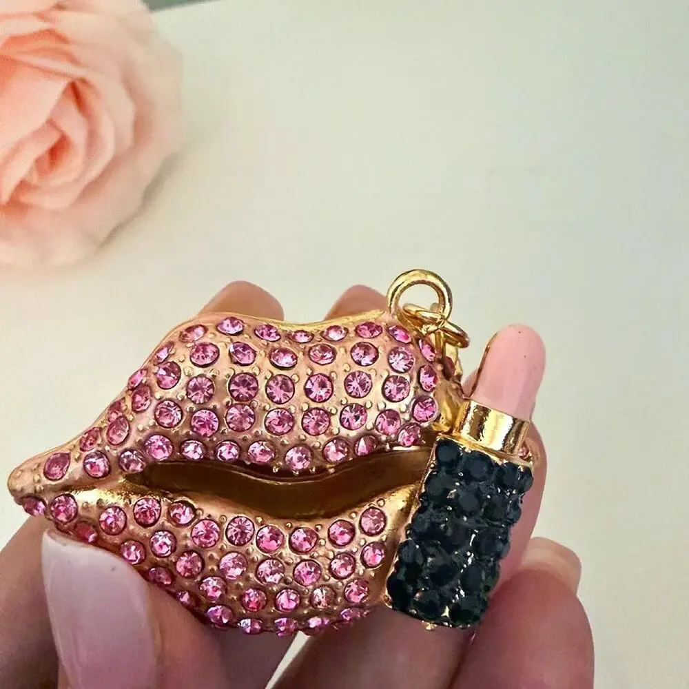Pink Rhinestone Lips Lipstick Keychain Bag Charm Purse Charm